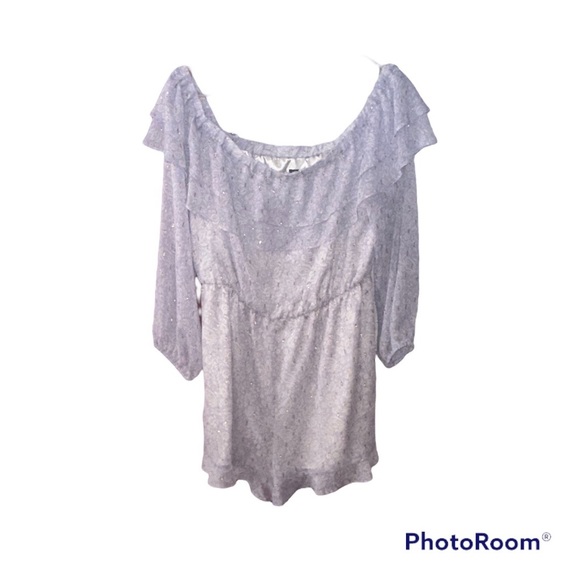 Express Floral Metallic Clip Dot Off Shoulder Romper - Picture 7 of 9